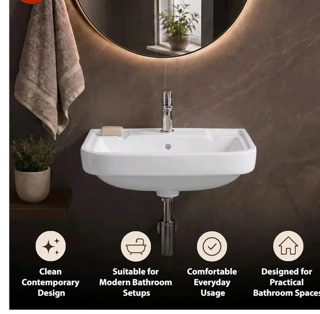 WASSMIST Wash Basin | Wall Hung Wash Basin for Bathroom with 10 Year Glaze Warranty | Premium Ceramic Compact Basin with Tap Hole (15.7 X 14 X 6.1 Inch)