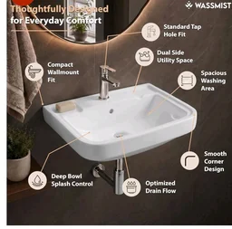 WASSMIST Wash Basin | Wall Hung Wash Basin for Bathroom with 10 Year Glaze Warranty | Premium Ceramic Compact Basin with Tap Hole (15.7 X 14 X 6.1 Inch)