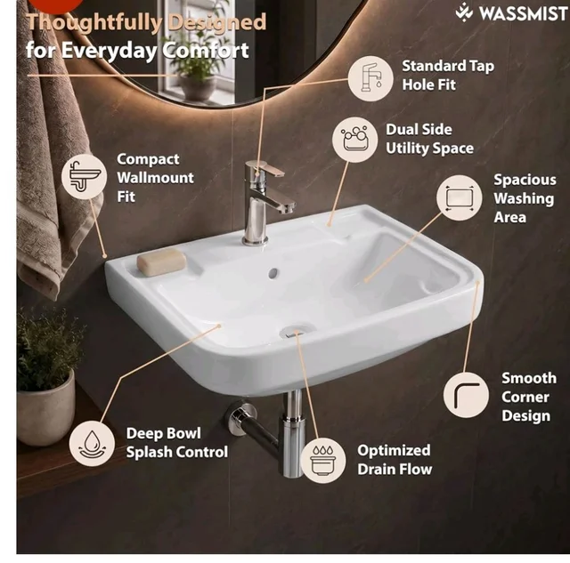 WASSMIST Wash Basin | Wall Hung Wash Basin for Bathroom with 10 Year Glaze Warranty | Premium Ceramic Compact Basin with Tap Hole (15.7 X 14 X 6.1 Inch)