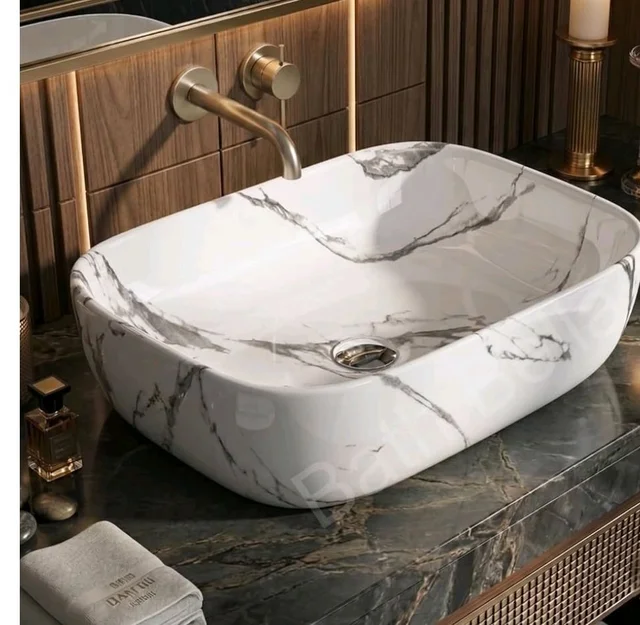 Designer Ceramic Wash Basin For Bathroom | Over Counter Bathroom Basin | Counter Top Bathroom Sink | Wash Basin For Restaurant, Hotel (18 x13 x 5 Inch) (White Black Marble)