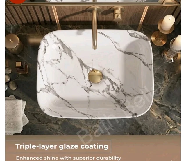 Designer Ceramic Wash Basin For Bathroom | Over Counter Bathroom Basin | Counter Top Bathroom Sink | Wash Basin For Restaurant, Hotel (18 x13 x 5 Inch) (White Black Marble)