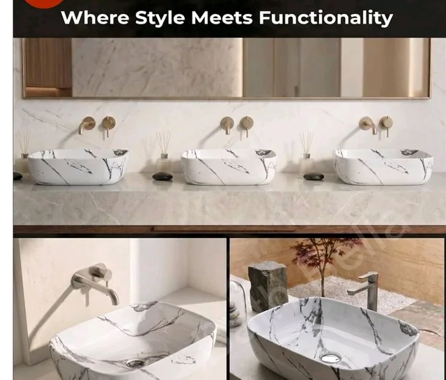 Designer Ceramic Wash Basin For Bathroom | Over Counter Bathroom Basin | Counter Top Bathroom Sink | Wash Basin For Restaurant, Hotel (18 x13 x 5 Inch) (White Black Marble)