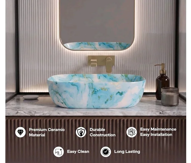 Designer Ceramic Wash Basin For Bathroom | Over Counter Bathroom Basin | Counter Top Bathroom Sink | Wash Basin For Restaurant, Hotel (18 x13 x 5 Inch) (157)