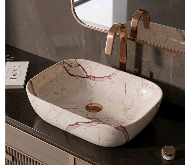 Designer Ceramic Wash Basin For Bathroom | Over Counter Bathroom Basin | Counter Top Bathroom Sink | Wash Basin For Restaurant, Hotel (18 x13 x 5 Inch) (Light Warm Beige)