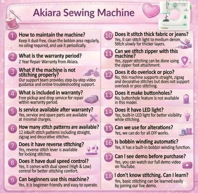 Akiara Mini Sewing Machine Electric for Home Sewing & DIY Projects
Stitching machine for home tailoring with foot pedal, Power Adapters, LED light. Includes 1 Year Warranty.