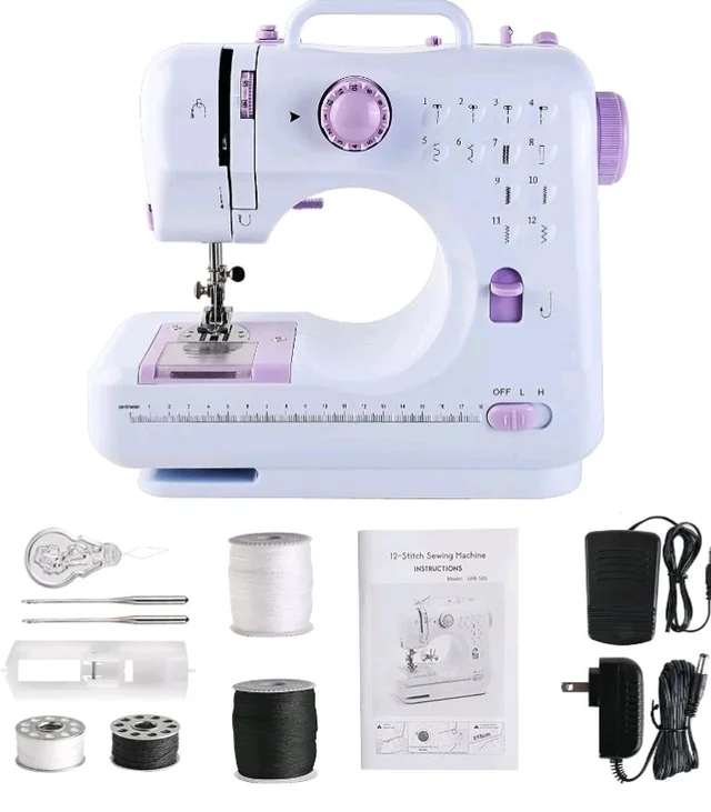 JUCVNB Mini Portable Sewing Machine for Beginners & Kids, Battery Powered, Purple, with 12 Built-in Stitch Patterns and 2-Speed Foot Pedal