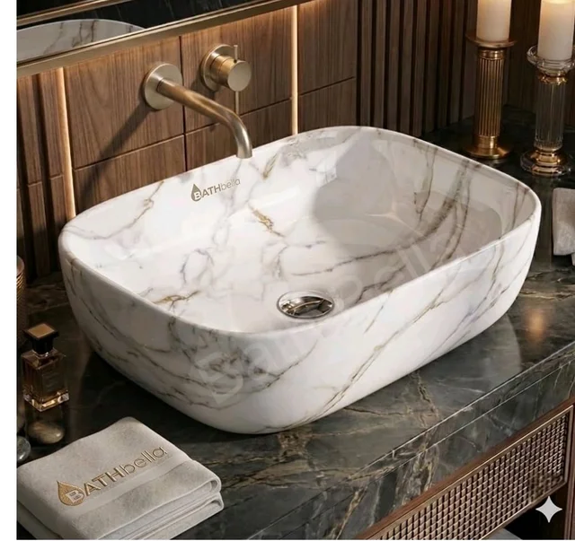 Designer Ceramic Wash Basin For Bathroom | Over Counter Bathroom Basin | Counter Top Bathroom Sink | Wash Basin For Restaurant, Hotel (18 x13 x 5 Inch) (Designer White)