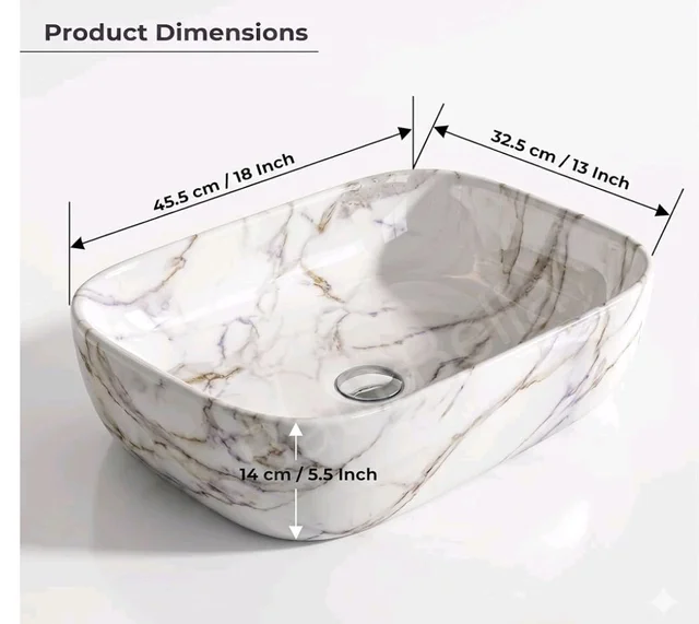Designer Ceramic Wash Basin For Bathroom | Over Counter Bathroom Basin | Counter Top Bathroom Sink | Wash Basin For Restaurant, Hotel (18 x13 x 5 Inch) (Designer White)