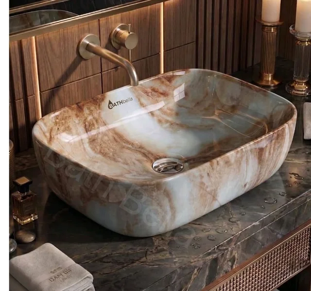Designer Ceramic Wash Basin For Bathroom | Over Counter Bathroom Basin | Counter Top Bathroom Sink | Wash Basin For Restaurant, Hotel (18 x13 x 5 Inch) (Designer Brown)