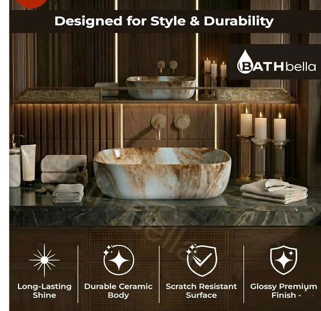 Designer Ceramic Wash Basin For Bathroom | Over Counter Bathroom Basin | Counter Top Bathroom Sink | Wash Basin For Restaurant, Hotel (18 x13 x 5 Inch) (Designer Brown)