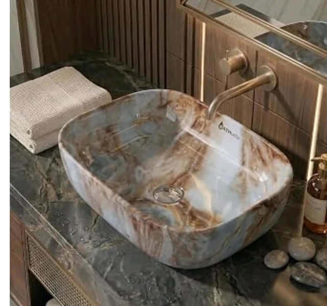 Designer Ceramic Wash Basin For Bathroom | Over Counter Bathroom Basin | Counter Top Bathroom Sink | Wash Basin For Restaurant, Hotel (18 x13 x 5 Inch) (Designer Brown)
