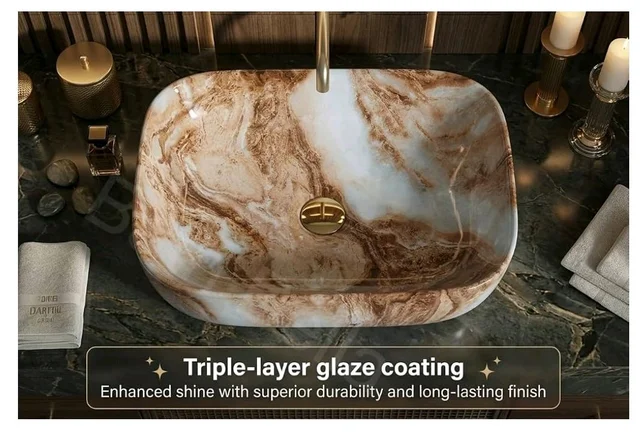 Designer Ceramic Wash Basin For Bathroom | Over Counter Bathroom Basin | Counter Top Bathroom Sink | Wash Basin For Restaurant, Hotel (18 x13 x 5 Inch) (Designer Brown)