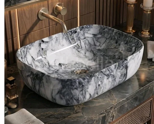 Designer Ceramic Wash Basin For Bathroom | Over Counter Bathroom Basin | Counter Top Bathroom Sink | Wash Basin For Restaurant, Hotel (18 x13 x 5 Inch) (Designer White Black)