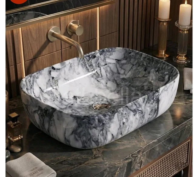 Designer Ceramic Wash Basin For Bathroom | Over Counter Bathroom Basin | Counter Top Bathroom Sink | Wash Basin For Restaurant, Hotel (18 x13 x 5 Inch) (Designer White Black)