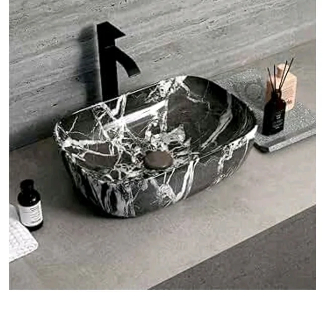 Designer Ceramic Wash Basin For Bathroom | Over Counter Bathroom Basin | Counter Top Bathroom Sink | Wash Basin For Restaurant, Hotel (18 x13 x 5 Inch) (Charcoal Black Marble