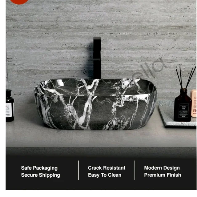 Designer Ceramic Wash Basin For Bathroom | Over Counter Bathroom Basin | Counter Top Bathroom Sink | Wash Basin For Restaurant, Hotel (18 x13 x 5 Inch) (Charcoal Black Marble