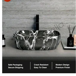 Designer Ceramic Wash Basin For Bathroom | Over Counter Bathroom Basin | Counter Top Bathroom Sink | Wash Basin For Restaurant, Hotel (18 x13 x 5 Inch) (Charcoal Black Marble