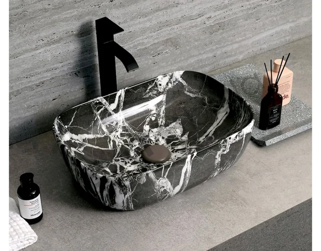 Designer Ceramic Wash Basin For Bathroom | Over Counter Bathroom Basin | Counter Top Bathroom Sink | Wash Basin For Restaurant, Hotel (18 x13 x 5 Inch) (Charcoal Black Marble