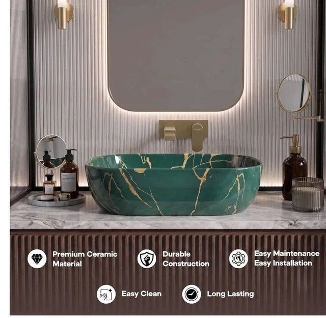 Designer Ceramic Wash Basin For Bathroom | Over Counter Bathroom Basin | Counter Top Bathroom Sink | Wash Basin For Restaurant, Hotel (18 x13 x 5 Inch) (154)