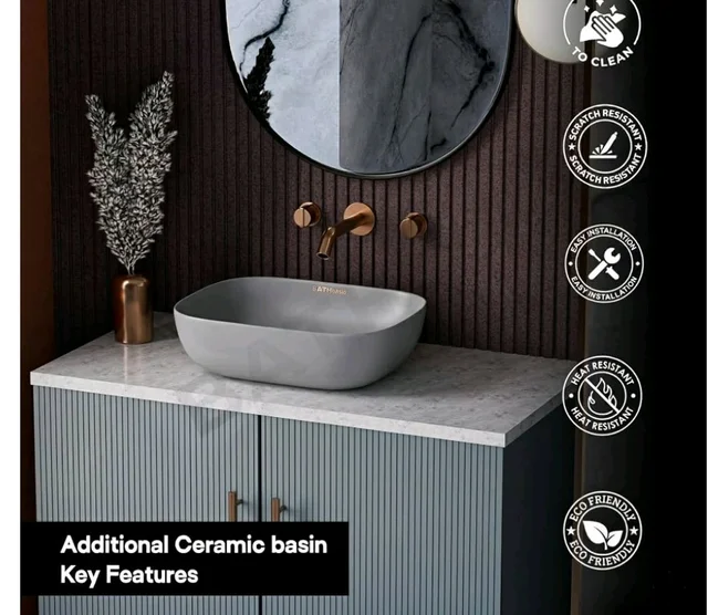 Designer Ceramic Wash Basin For Bathroom | Over Counter Bathroom Basin | Counter Top Bathroom Sink | Wash Basin For Restaurant, Hotel (18 x13 x 5 Inch) (13x18 Grey)