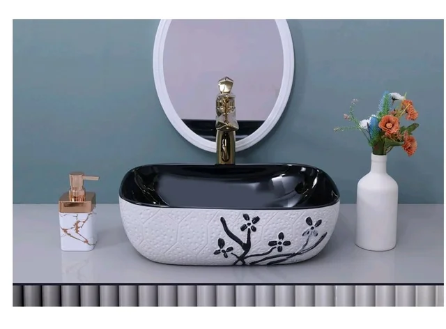 HISRE Bathroom Sink Wash Basin Table Top Wash Basin For Bathroom Over Counter Top Wash Basin For Living Room Washbasin Countertop Tabletop Ceramic Bathroom Kitchen Sink (18 x 13 x 5 Inch) (Style - 12)