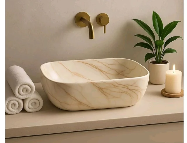 HISRE Table Top Wash Basin For Bathroom | Over Counter Top Wash Basin For Living Room | Washbasin Countertop | Tabletop Ceramic Bathroom Kitchen Sink (45 x 33 x 13 CM) (White - SKTP401)
