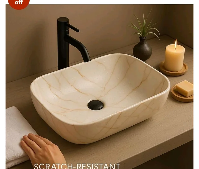 HISRE Table Top Wash Basin For Bathroom | Over Counter Top Wash Basin For Living Room | Washbasin Countertop | Tabletop Ceramic Bathroom Kitchen Sink (45 x 33 x 13 CM) (White - SKTP401)