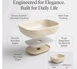 HISRE Table Top Wash Basin For Bathroom | Over Counter Top Wash Basin For Living Room | Washbasin Countertop | Tabletop Ceramic Bathroom Kitchen Sink (45 x 33 x 13 CM) (White - SKTP401)