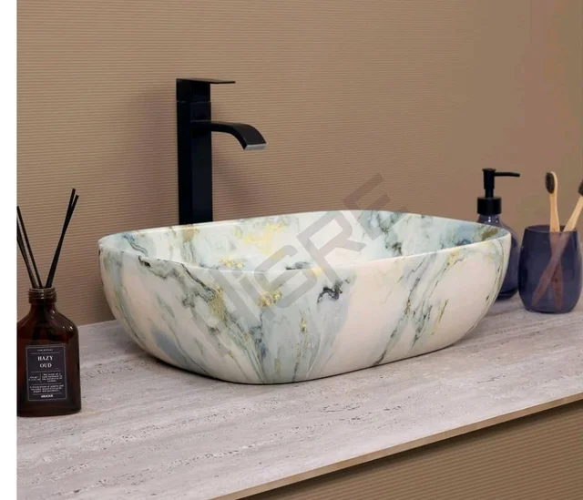 HISRE Table Top Wash Basin For Bathroom | Over Counter Top Wash Basin For Living Room | Washbasin Countertop | Tabletop Ceramic Bathroom Kitchen Sink (45 x 33 x 13 CM) (White - SKTP1048)