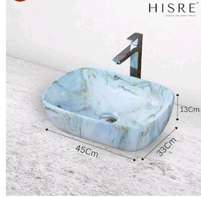 HISRE Table Top Wash Basin For Bathroom | Over Counter Top Wash Basin For Living Room | Washbasin Countertop | Tabletop Ceramic Bathroom Kitchen Sink (45 x 33 x 13 CM) (White - SKTP1048)