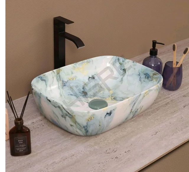 HISRE Table Top Wash Basin For Bathroom | Over Counter Top Wash Basin For Living Room | Washbasin Countertop | Tabletop Ceramic Bathroom Kitchen Sink (45 x 33 x 13 CM) (White - SKTP1048)