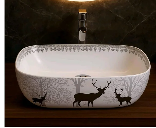 HISRE Table Top Wash Basin For Bathroom | Over Counter Top Wash Basin For Living Room | Washbasin Countertop | Tabletop Ceramic Bathroom Kitchen Sink (18 x 13 x 5.5 Inch) (SKT4018)