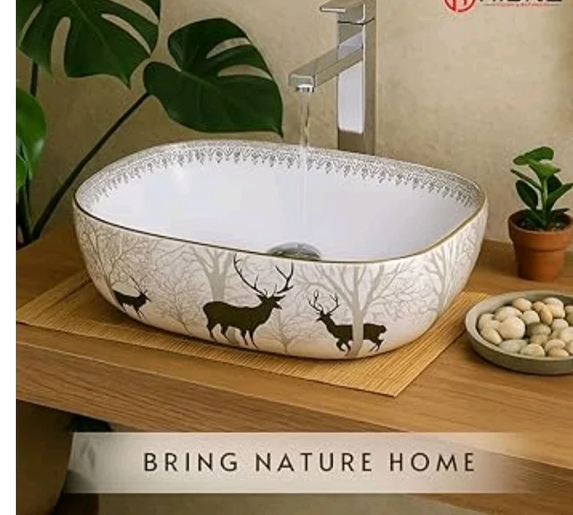 HISRE Table Top Wash Basin For Bathroom | Over Counter Top Wash Basin For Living Room | Washbasin Countertop | Tabletop Ceramic Bathroom Kitchen Sink (18 x 13 x 5.5 Inch) (SKT4018)