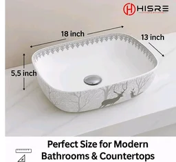 HISRE Table Top Wash Basin For Bathroom | Over Counter Top Wash Basin For Living Room | Washbasin Countertop | Tabletop Ceramic Bathroom Kitchen Sink (18 x 13 x 5.5 Inch) (SKT4018)