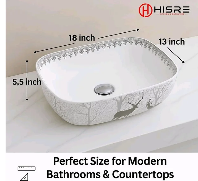 HISRE Table Top Wash Basin For Bathroom | Over Counter Top Wash Basin For Living Room | Washbasin Countertop | Tabletop Ceramic Bathroom Kitchen Sink (18 x 13 x 5.5 Inch) (SKT4018)