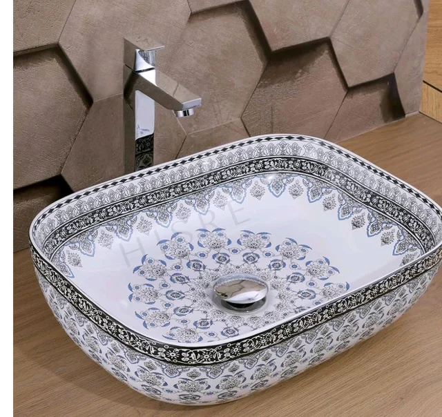HISRE Table Top Wash Basin For Bathroom | Over Counter Top Wash Basin For Living Room | Washbasin Countertop | Tabletop Ceramic Bathroom Kitchen Sink (18 x 13 x 5.5 Inch) (SKT RANGOLI BLUE)