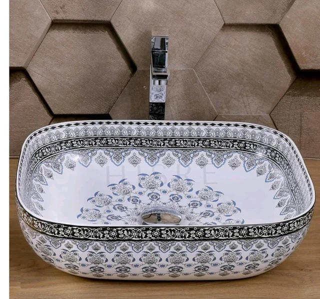 HISRE Table Top Wash Basin For Bathroom | Over Counter Top Wash Basin For Living Room | Washbasin Countertop | Tabletop Ceramic Bathroom Kitchen Sink (18 x 13 x 5.5 Inch) (SKT RANGOLI BLUE)