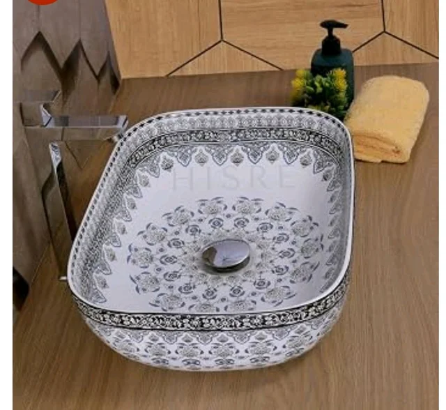 HISRE Table Top Wash Basin For Bathroom | Over Counter Top Wash Basin For Living Room | Washbasin Countertop | Tabletop Ceramic Bathroom Kitchen Sink (18 x 13 x 5.5 Inch) (SKT RANGOLI BLUE)