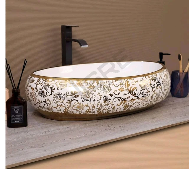 HISRE Table Top Wash Basin For Bathroom | Over Counter Top Wash Basin For Living Room | Golden Washbasin Countertop | Tabletop Ceramic Bathroom Kitchen Sink (24 x 16 x 6 Inch) (SKTHI2203)