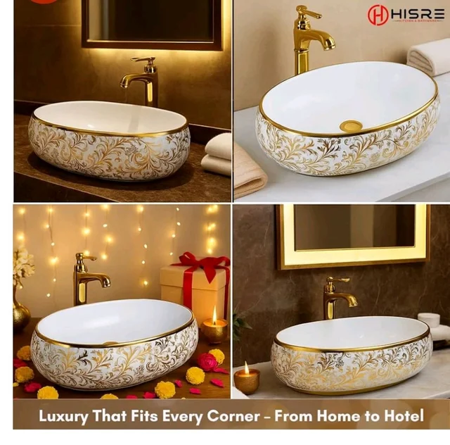 HISRE Table Top Wash Basin For Bathroom | Over Counter Top Wash Basin For Living Room | Golden Washbasin Countertop | Tabletop Ceramic Bathroom Kitchen Sink (24 x 16 x 6 Inch) (SKTHI2203)