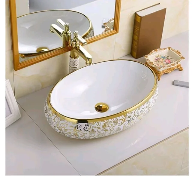 HISRE Table Top Wash Basin For Bathroom | Over Counter Top Wash Basin For Living Room | Golden Washbasin Countertop | Tabletop Ceramic Bathroom Kitchen Sink (24 x 16 x 6 Inch) (SKTHI2203)