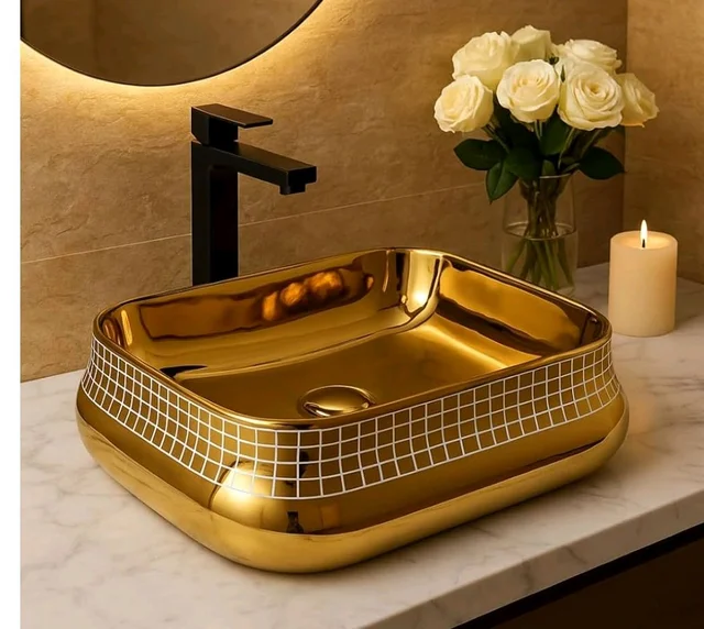HISRE Table Top Wash Basin For Bathroom | Over Counter Top Wash Basin For Living Room | Washbasin Countertop | Tabletop Ceramic Bathroom Kitchen Sink (18 x 14 x 5.5 Inch) (SKTHI3502)