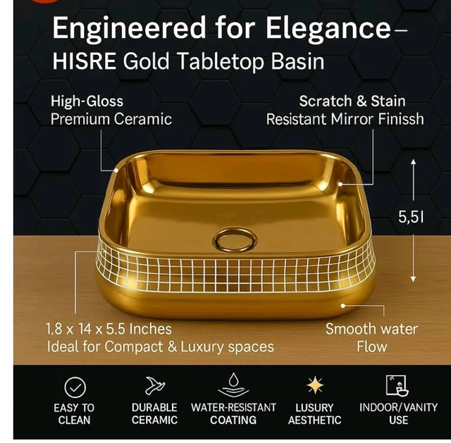 HISRE Table Top Wash Basin For Bathroom | Over Counter Top Wash Basin For Living Room | Washbasin Countertop | Tabletop Ceramic Bathroom Kitchen Sink (18 x 14 x 5.5 Inch) (SKTHI3502)