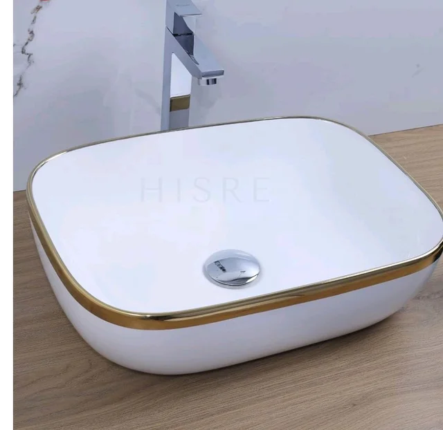 HISRE Table Top Wash Basin For Bathroom | Over Counter Top Wash Basin For Living Room | Washbasin Countertop | Tabletop Ceramic Bathroom Kitchen Sink (18 x 14 x 5.5 Inch) (SKTHI2305)