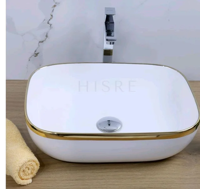 HISRE Table Top Wash Basin For Bathroom | Over Counter Top Wash Basin For Living Room | Washbasin Countertop | Tabletop Ceramic Bathroom Kitchen Sink (18 x 14 x 5.5 Inch) (SKTHI2305)