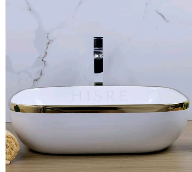 HISRE Table Top Wash Basin For Bathroom | Over Counter Top Wash Basin For Living Room | Washbasin Countertop | Tabletop Ceramic Bathroom Kitchen Sink (18 x 14 x 5.5 Inch) (SKTHI2305)