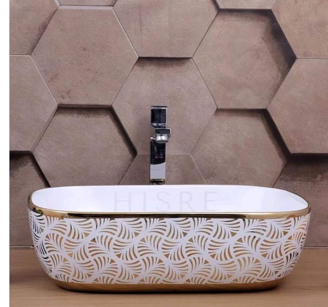 HISRE Table Top Wash Basin For Bathroom | Over Counter Top Wash Basin For Living Room | Washbasin Countertop | Tabletop Ceramic Bathroom Kitchen Sink (18 x 13 x 5.5 Inch) (SKTHI2307)