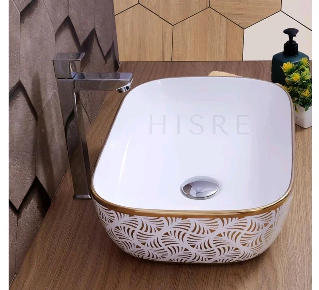 HISRE Table Top Wash Basin For Bathroom | Over Counter Top Wash Basin For Living Room | Washbasin Countertop | Tabletop Ceramic Bathroom Kitchen Sink (18 x 13 x 5.5 Inch) (SKTHI2307)