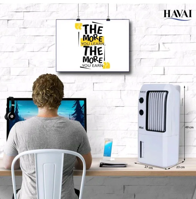Havai Mini Table Cooler, White, 9 Litre Tank Capacity
Portable Cooler Vertical Blower, Single Person Use, Ice Box, 2 Feet Air Throw, 3 Speed Control, 1 Year Warrant
