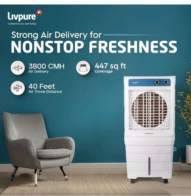 Livpure Aerofrost Neo 70L Desert Air Cooler, White, Adjustable Speed, Ice Chamber, 5 Castor Wheels, Water Level Indicator, Works on Inverter